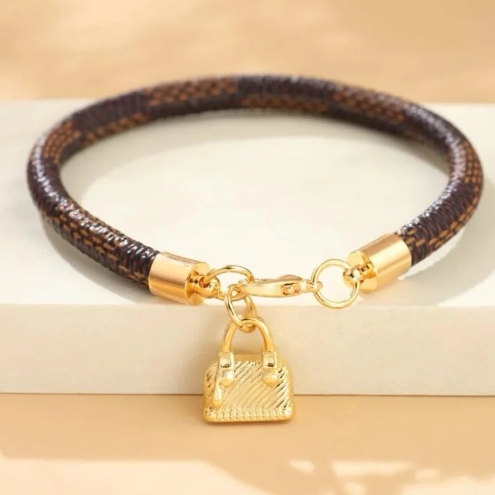 Designer Inspired Brown Checkered Gold Plated Bag Purse Charm Clasp Bracelet - Picture 1 of 10